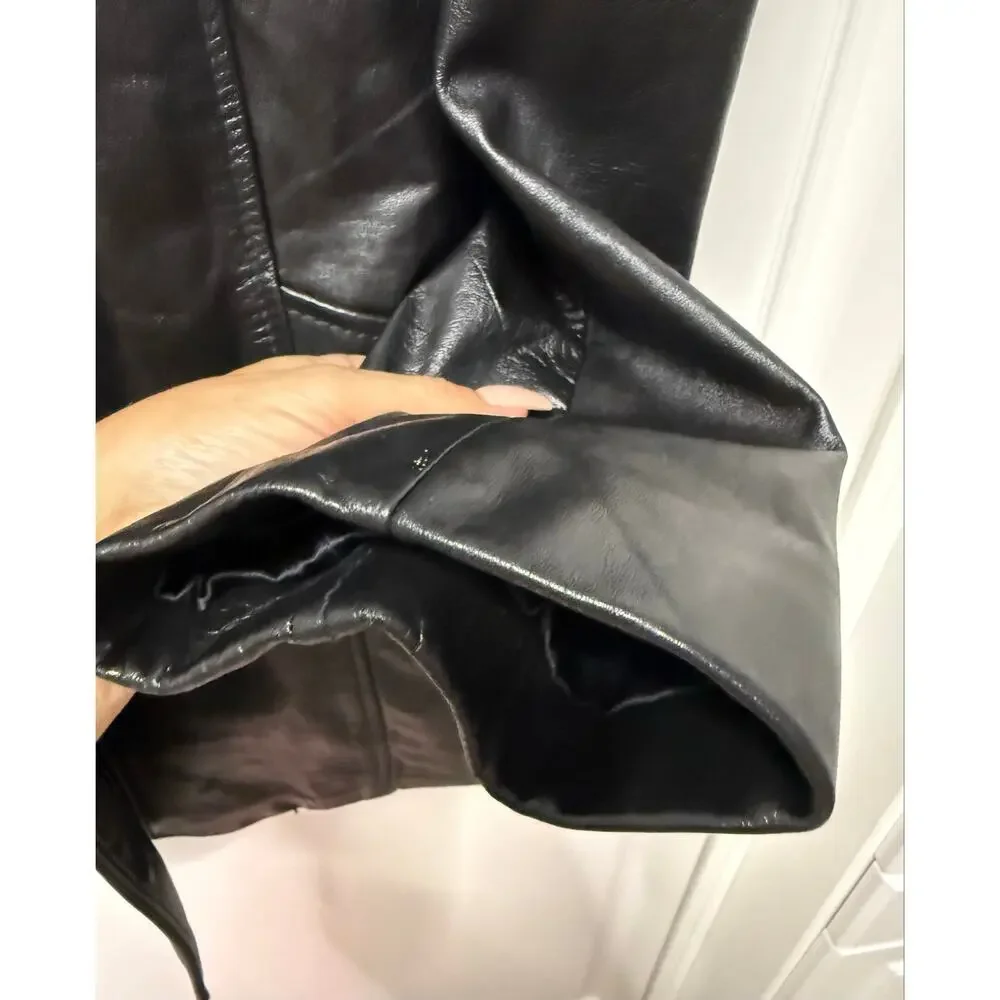 Cresco Black Genuine Leather Coat Jacket Faux Fur Lined 40L Vintage 70s Overcoat